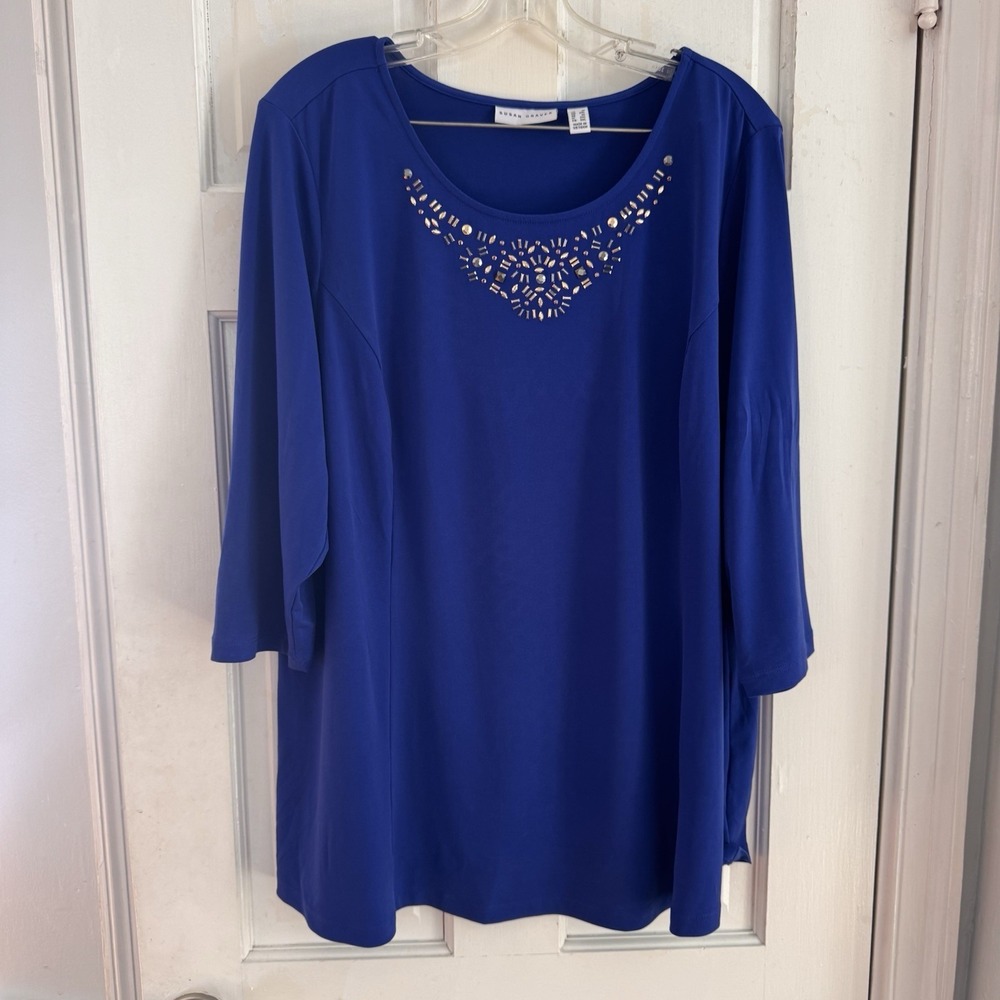 Susan Graver Liquid Knit Top Womens 1X Blue Embellished Tunic 3/4 Sleeve Stretch